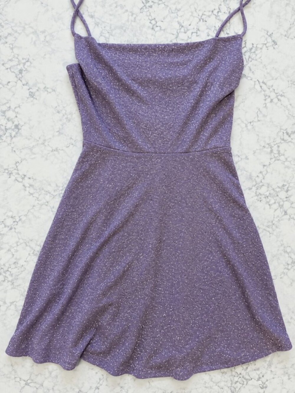 EUC Lavender Purple Windsor short dress silver glitter, rhinestone back strap, M